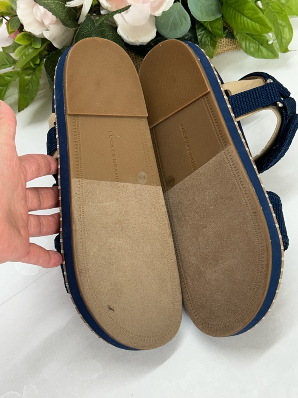Lucky Brand Navy Textile Strap Sandals with Tan Footbed - Picture 4 of 5